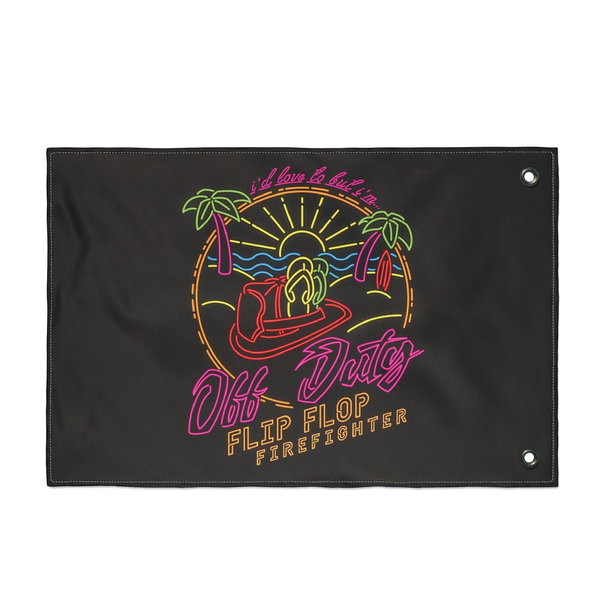 Flip Flop Firefighter Off Duty polyester flag with neon-style tropical beach graphic and metal grommets