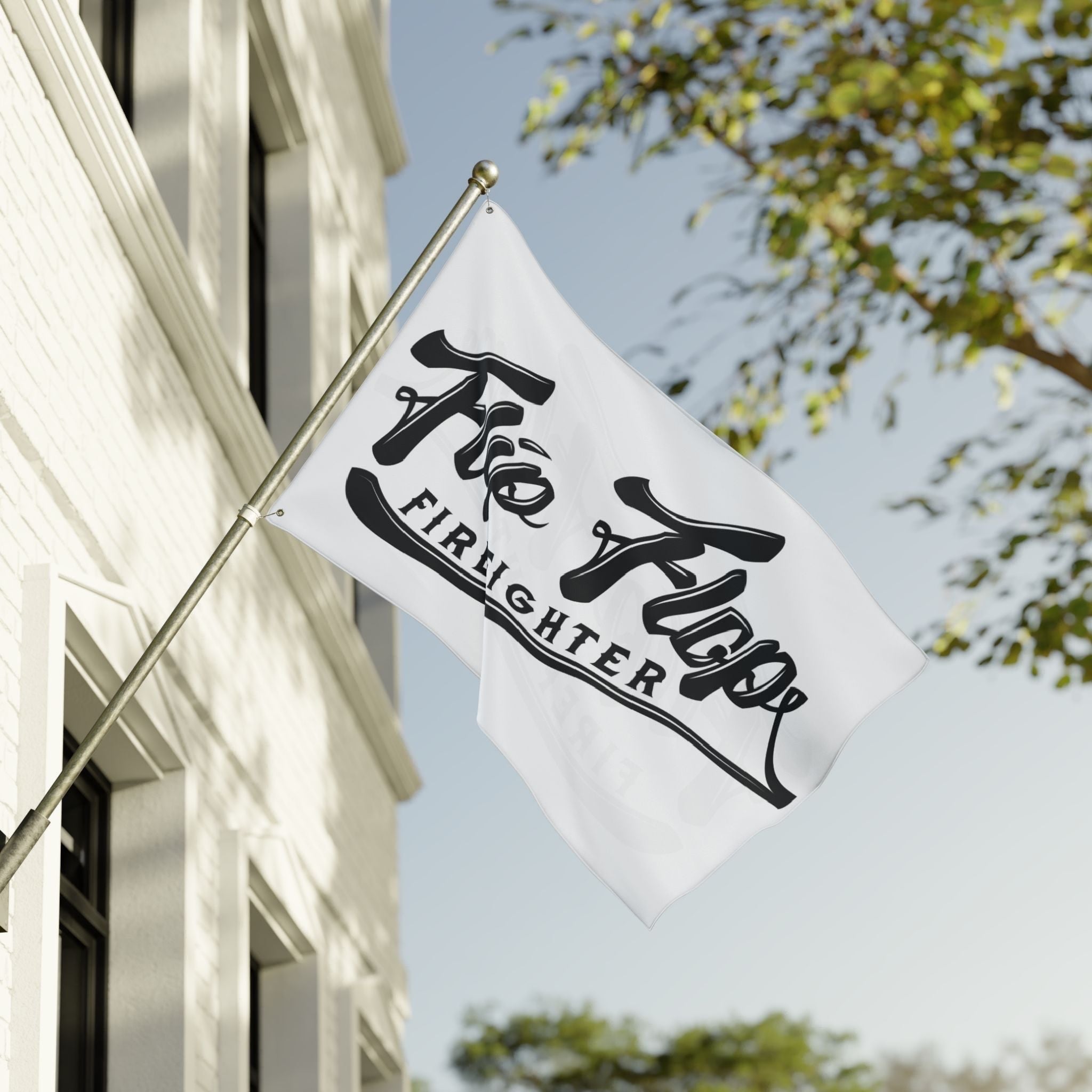 Flip Flop Firefighter The OG Flag featuring a bold black logo on a white polyester fabric hanging from a pole