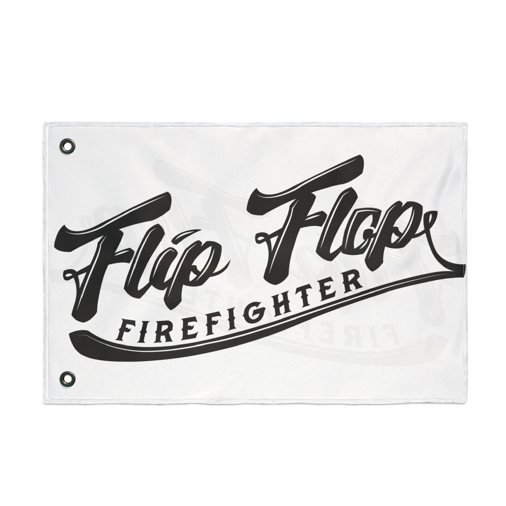 Flip Flop Firefighter The OG Flag in white with bold black logo, durable polyester with metal grommets for hanging.