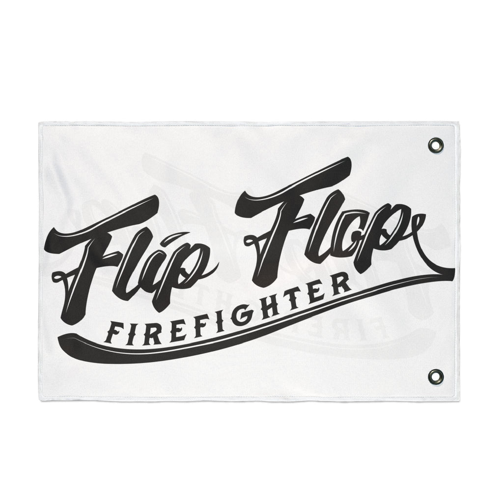 Flip Flop Firefighter The OG Flag with black script logo on white polyester fabric featuring metal hanging grommets