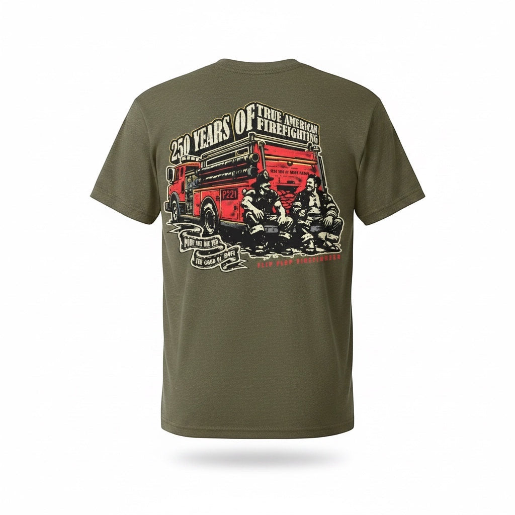 Flip Flop Firefighter olive green t-shirt featuring a vintage distressed graphic of firefighters and a fire truck.