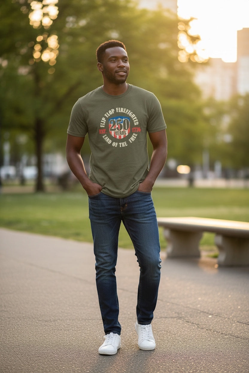 Flip Flop Firefighter olive green graphic t-shirt with 250 years American firefighting design worn by a man outdoors