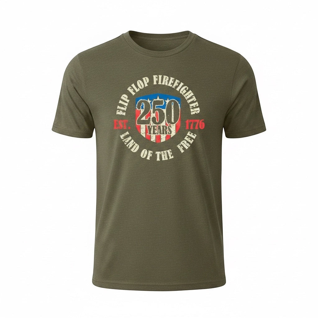Flip Flop Firefighter olive green graphic t-shirt with vintage 250 years American firefighting design