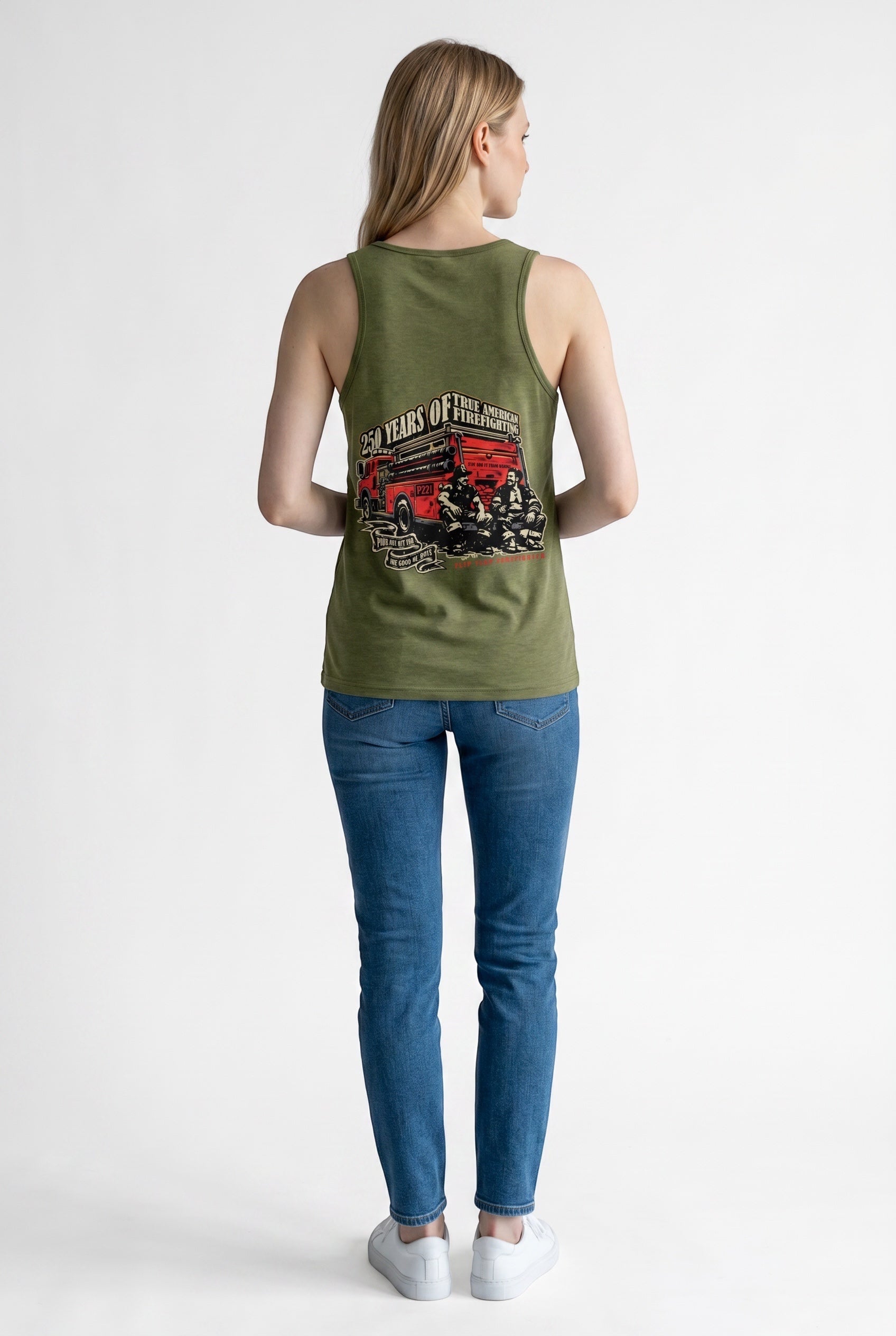 Woman wearing an olive green Flip Flop Firefighter tank top with a vintage fire truck graphic on the back