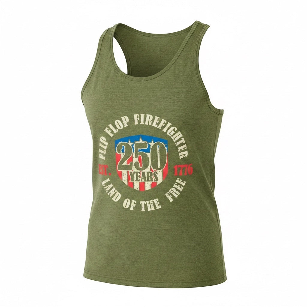 Flip Flop Firefighter olive green tank top featuring a vintage-style America 250 graphic with red, white, and blue shield.