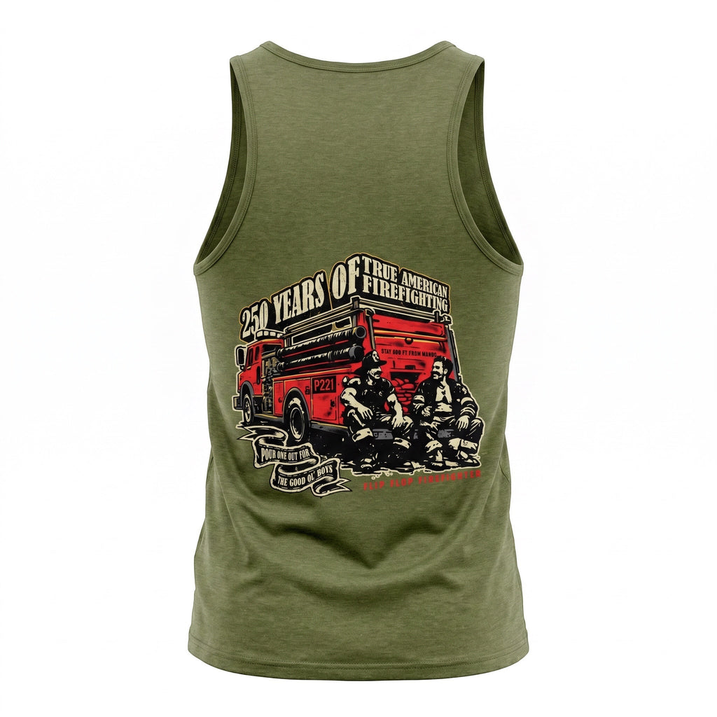 Flip Flop Firefighter olive green tank top featuring a vintage fire truck graphic with two firefighters sitting.