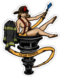 Flip Flop Firefighter 4-inch sticker featuring a pin-up girl in a fire helmet holding a hose on a stacked tip base.