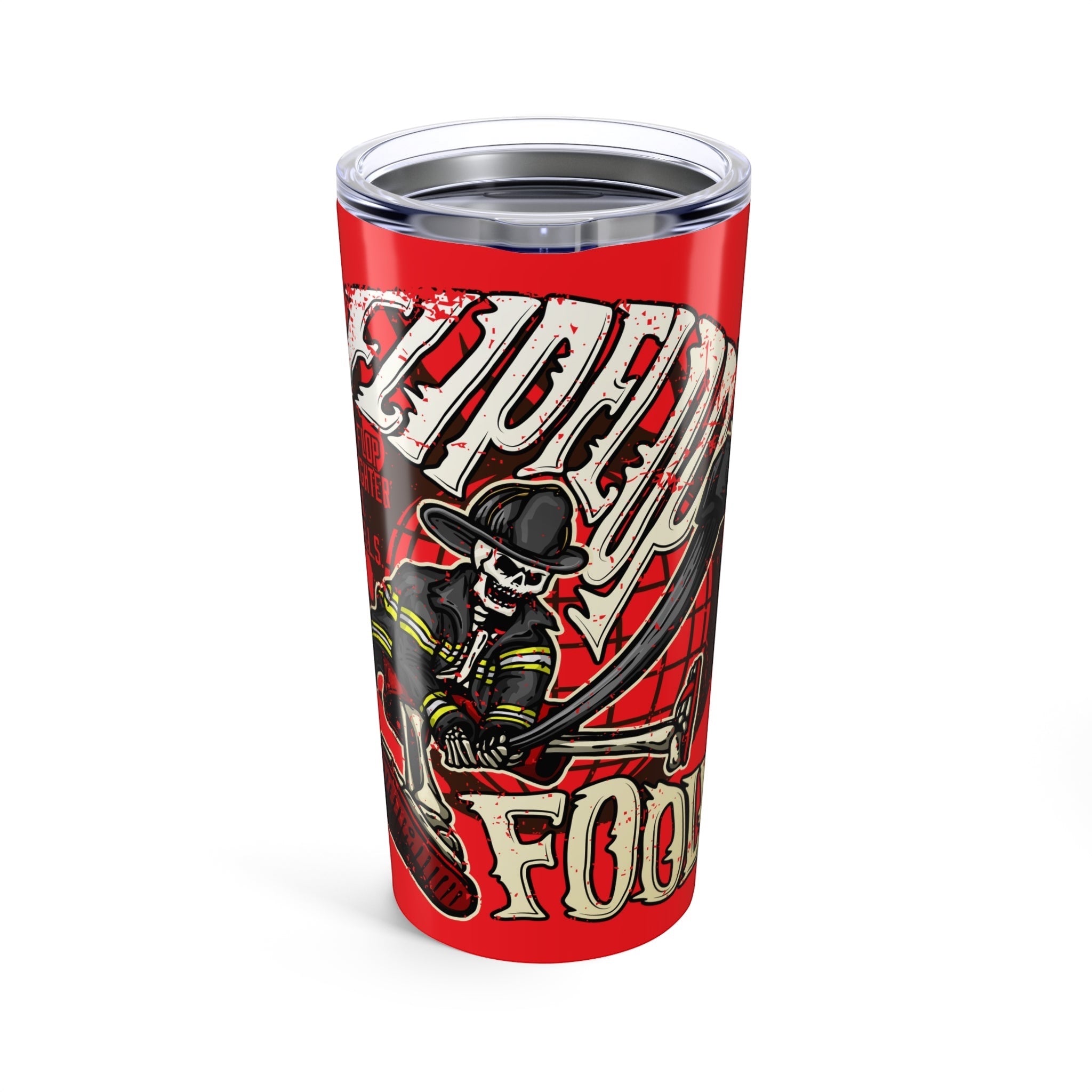 Flip Flop Firefighter 20oz stainless steel tumbler with red glossy finish and skeleton firefighter graphic