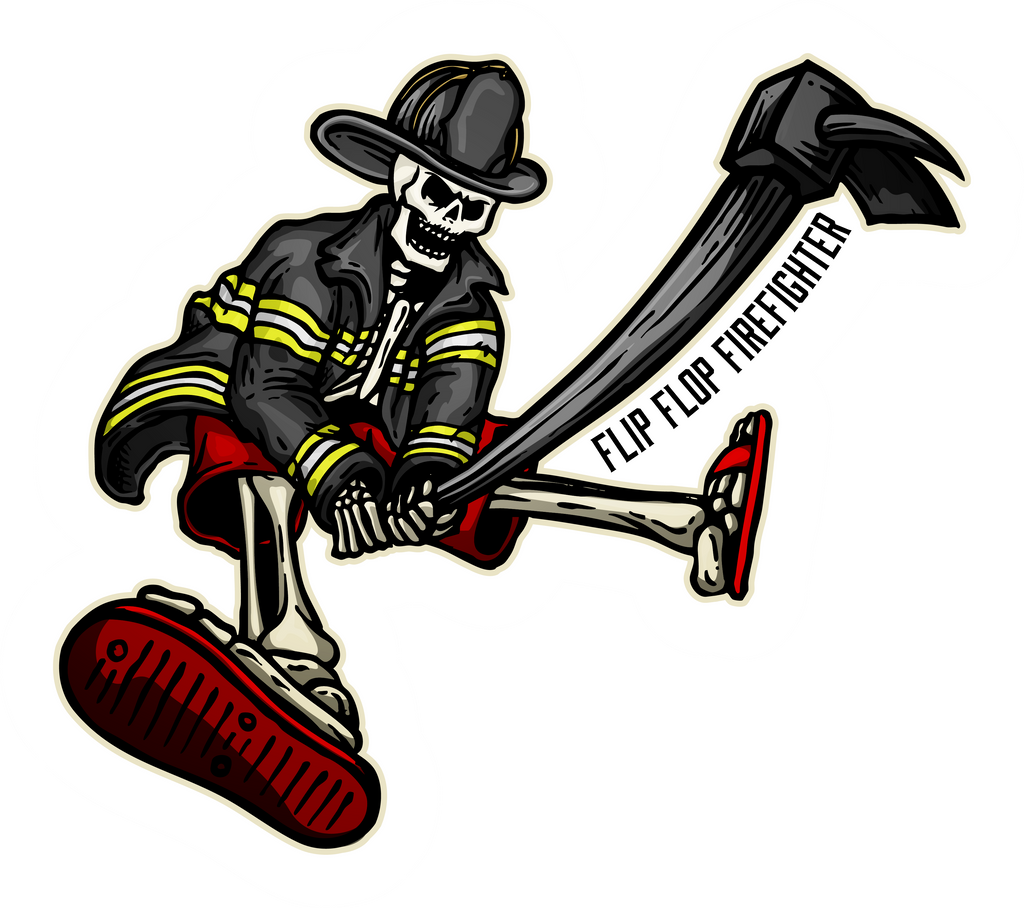 Flip Flop Firefighter sticker featuring a skeleton in turnout gear and flip flops holding a halligan bar