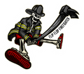 Flip Flop Firefighter sticker featuring a skeleton in turnout gear and flip flops holding a halligan bar