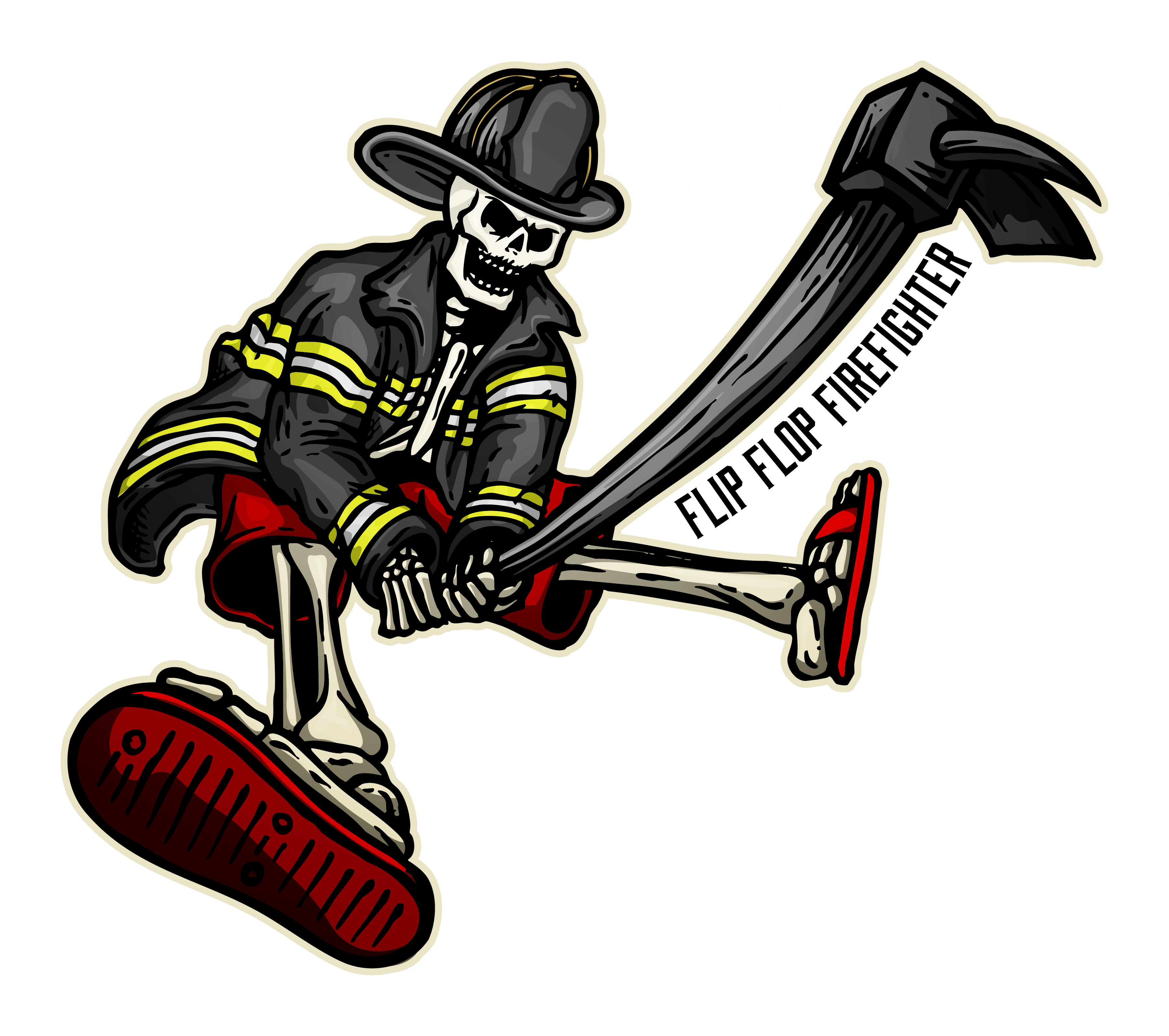 Flip Flop Firefighter sticker featuring a skeleton in turnout gear and flip flops holding a halligan bar