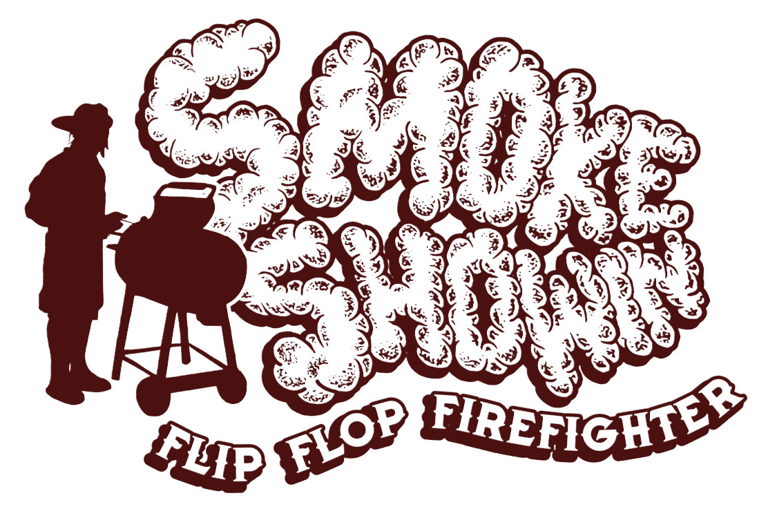 Flip Flop Firefighter 4-inch Smoke Showin sticker featuring a firefighter grilling with smoke-shaped text.