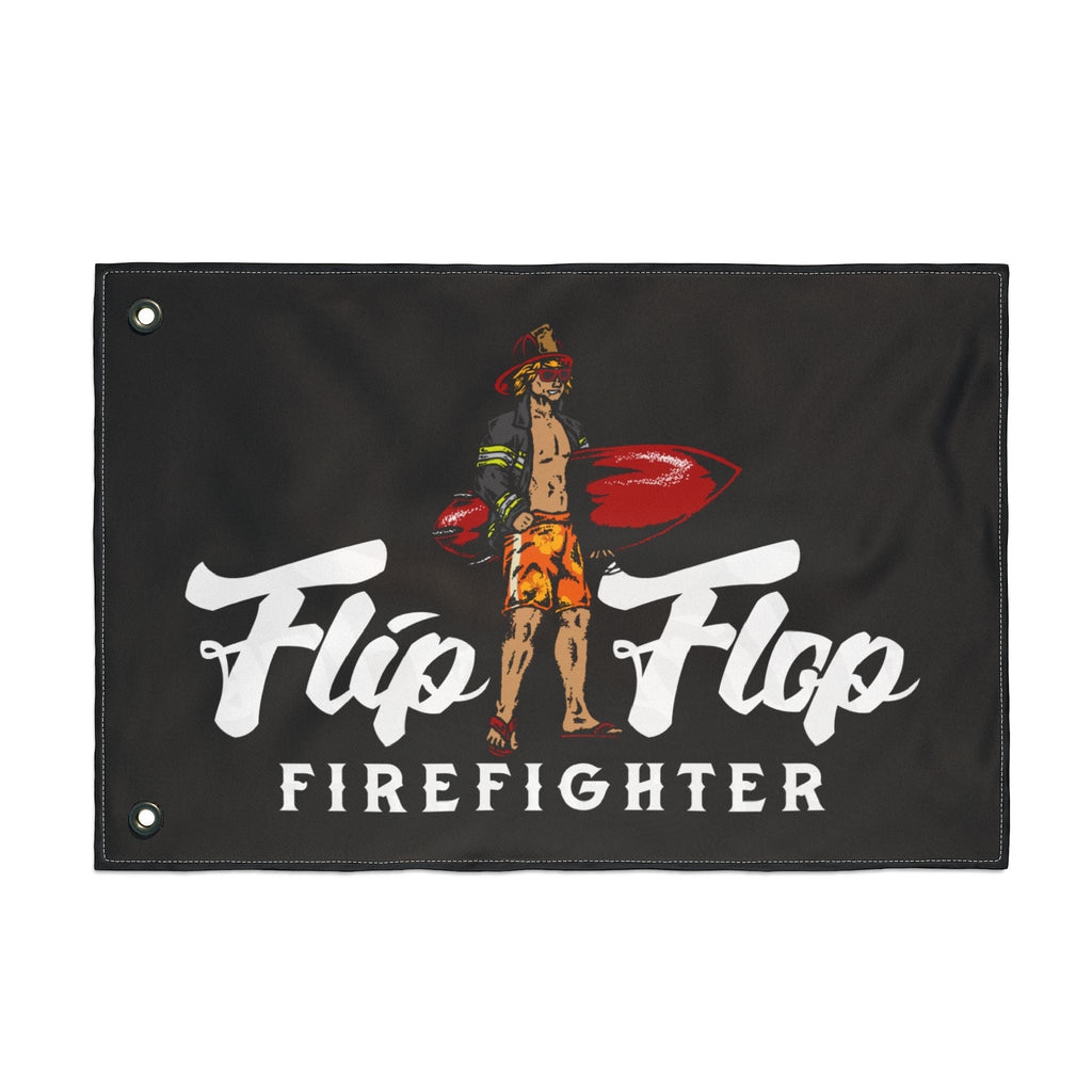 Flip Flop Firefighter polyester surfer flag with double-sided graphic of a surfer in firefighter gear and red board
