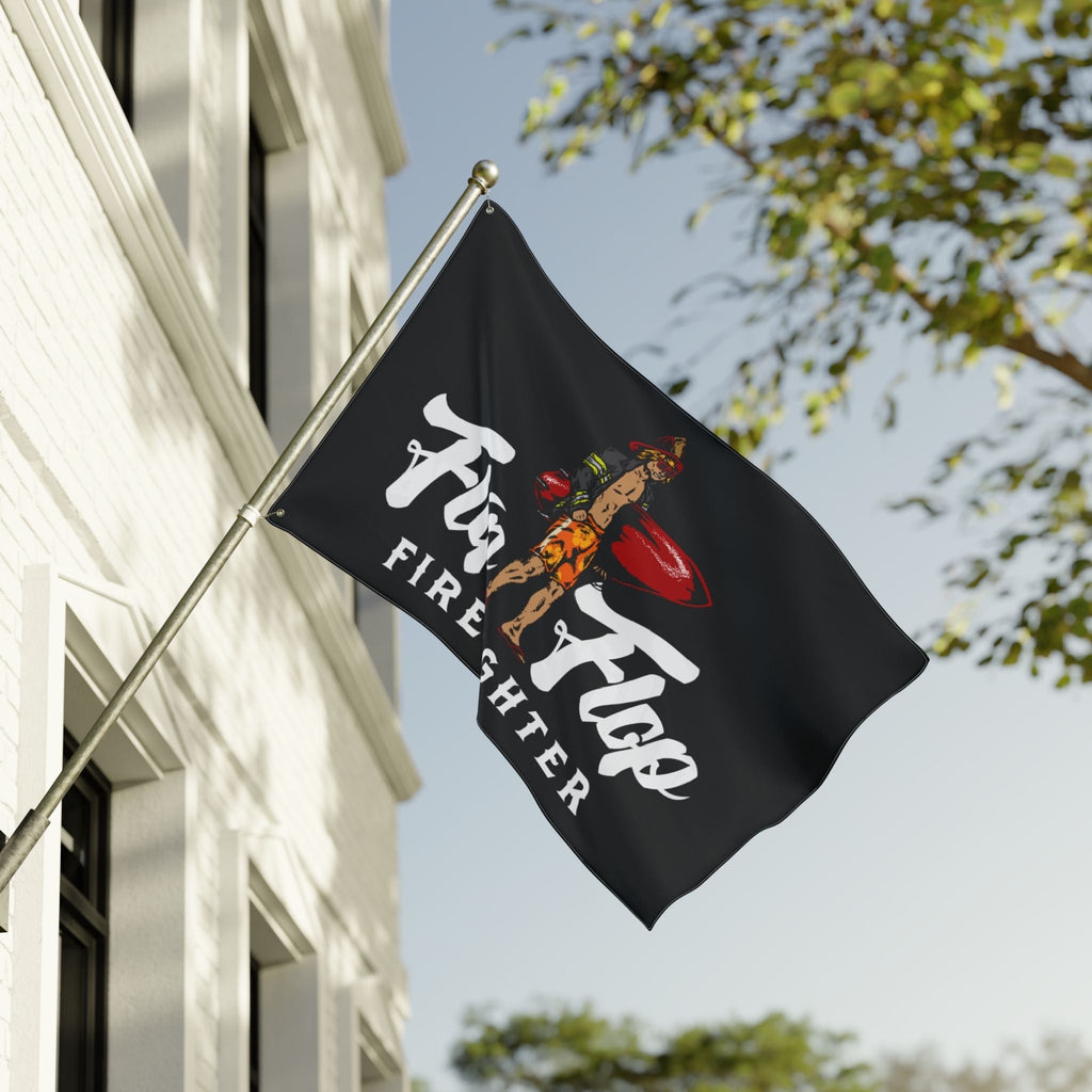 Flip Flop Firefighter Surfer Flag featuring a black polyester design with a firefighter graphic and metal grommets.