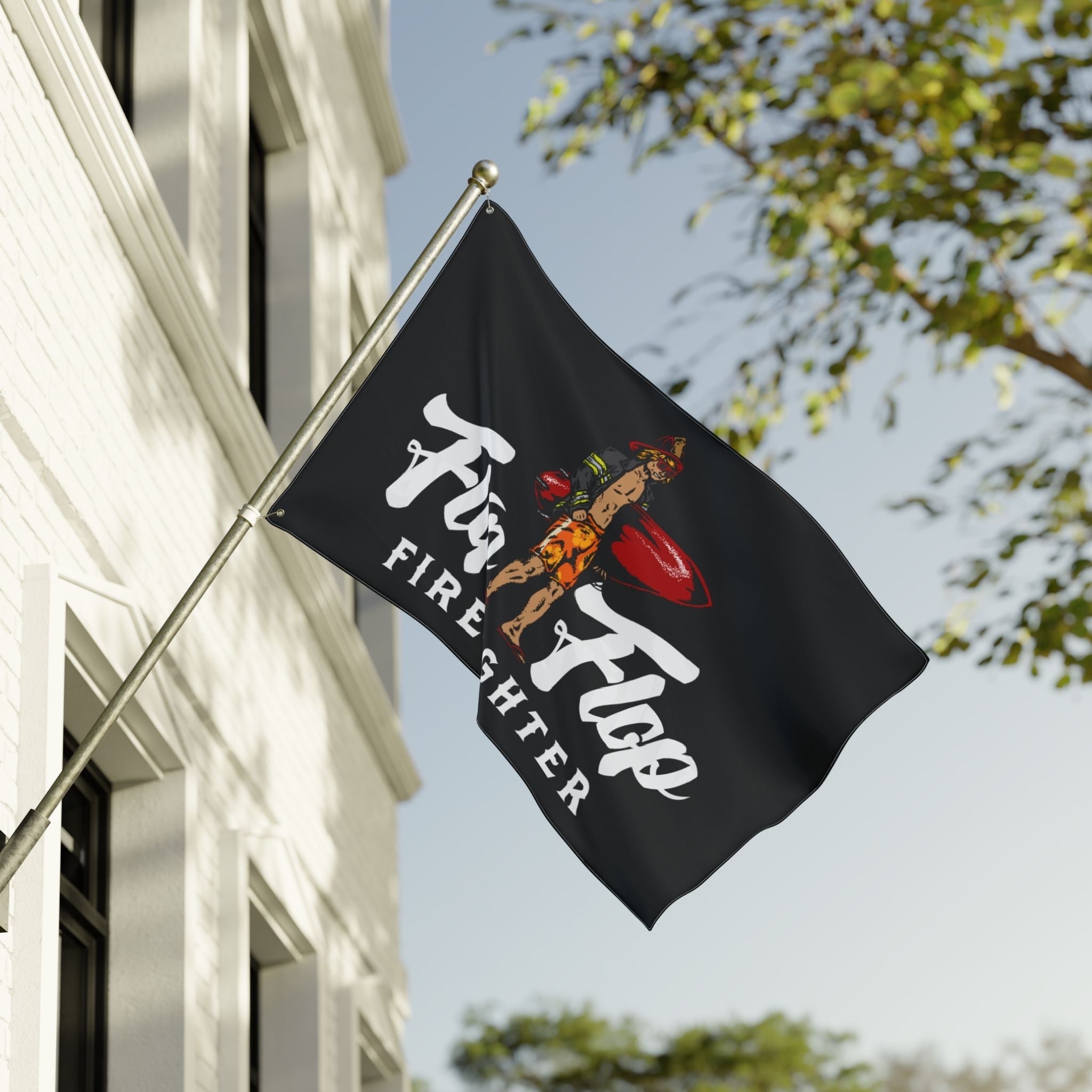 Flip Flop Firefighter Surfer Flag featuring a black polyester design with a firefighter graphic and metal grommets.