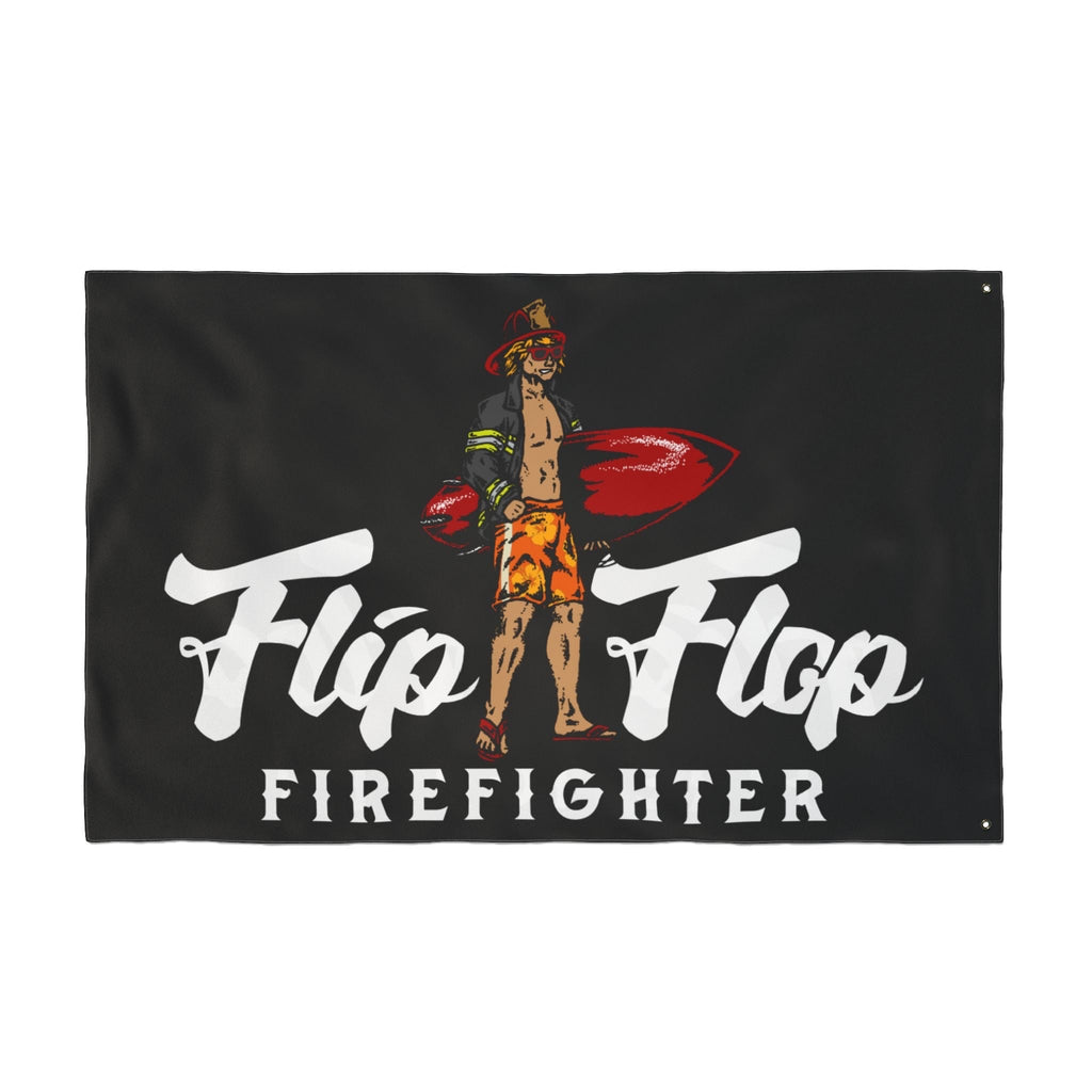 Flip Flop Firefighter black polyester surfer flag with double-sided graphic of a firefighter holding a surfboard.