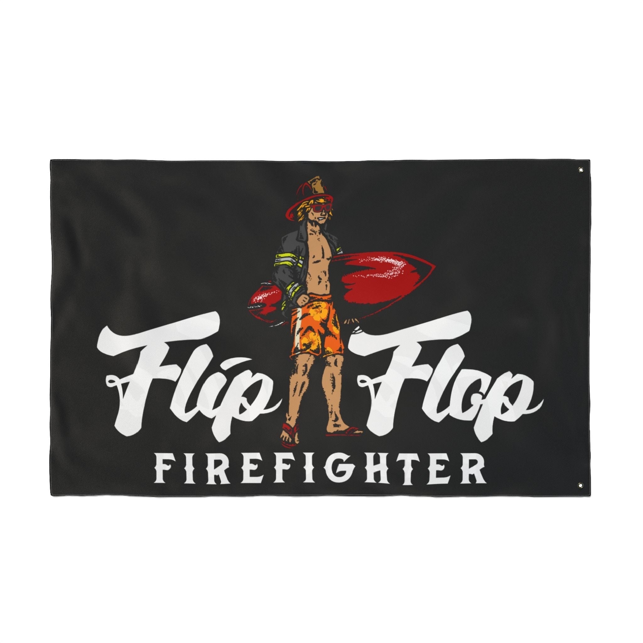 Flip Flop Firefighter black polyester surfer flag with double-sided graphic of a firefighter holding a surfboard.