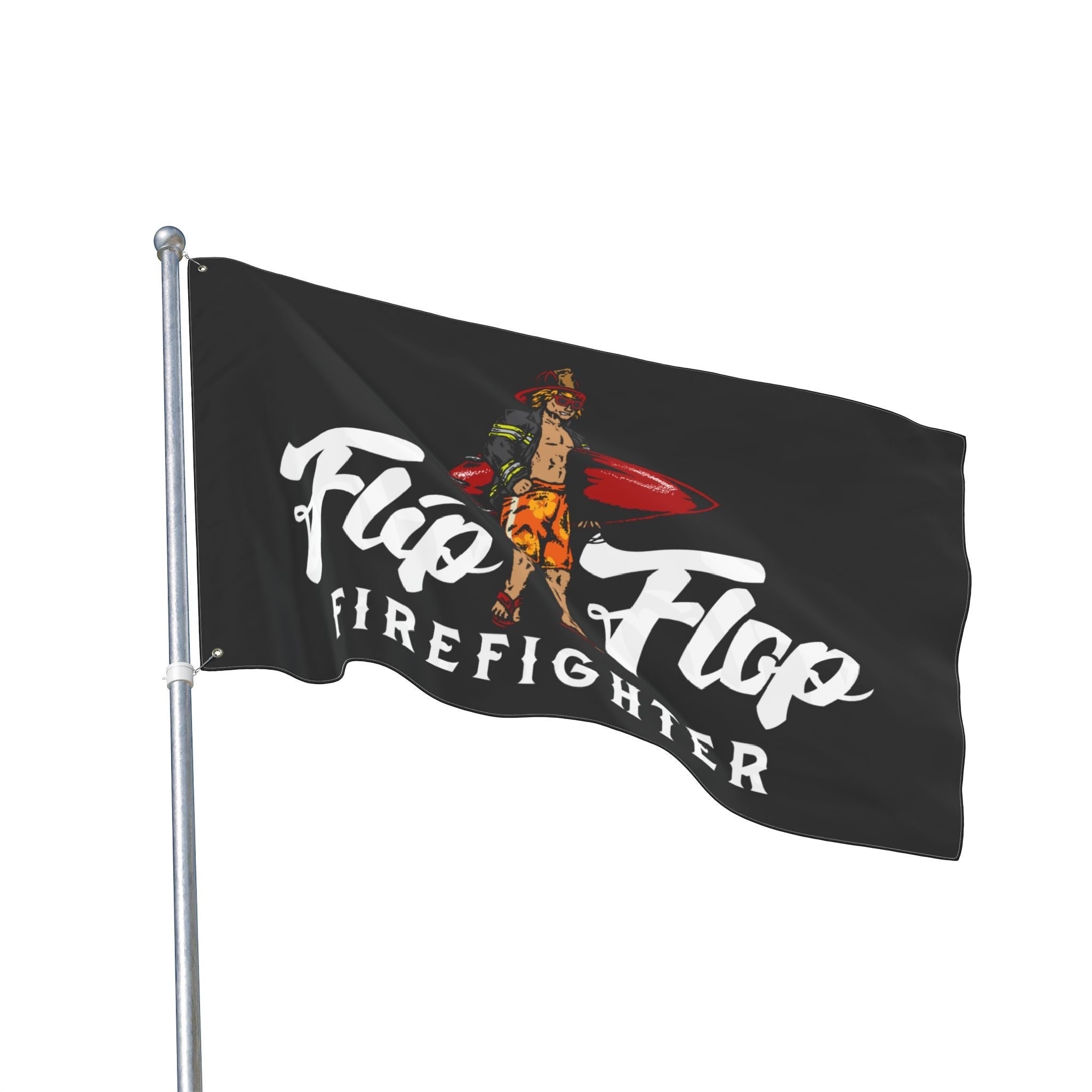 Flip Flop Firefighter black polyester flag with double-sided surfer graphic and reinforced metal grommets