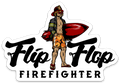 Flip Flop Firefighter sticker featuring a surfer in a firefighter helmet and jacket holding a red surfboard