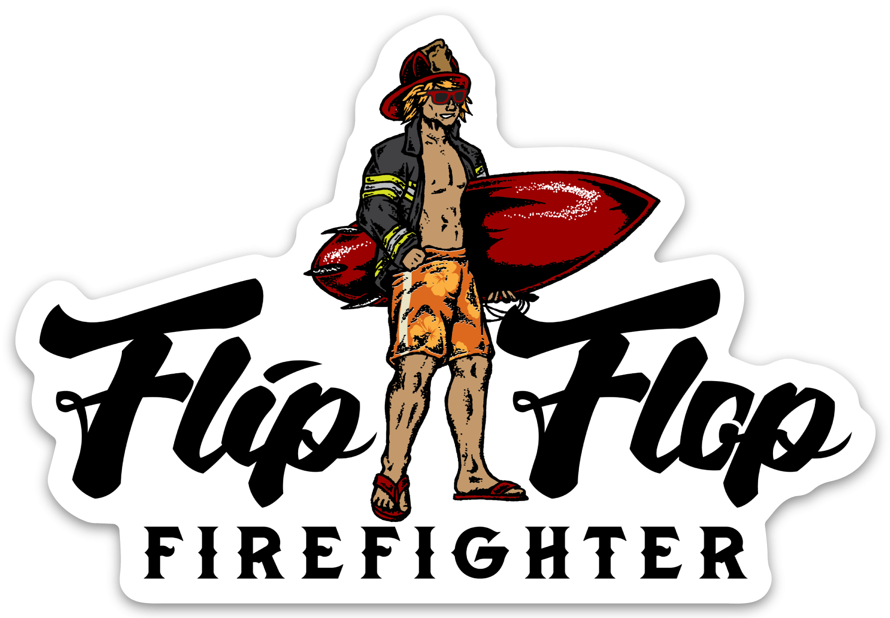 Flip Flop Firefighter sticker featuring a surfer in a firefighter helmet and jacket holding a red surfboard