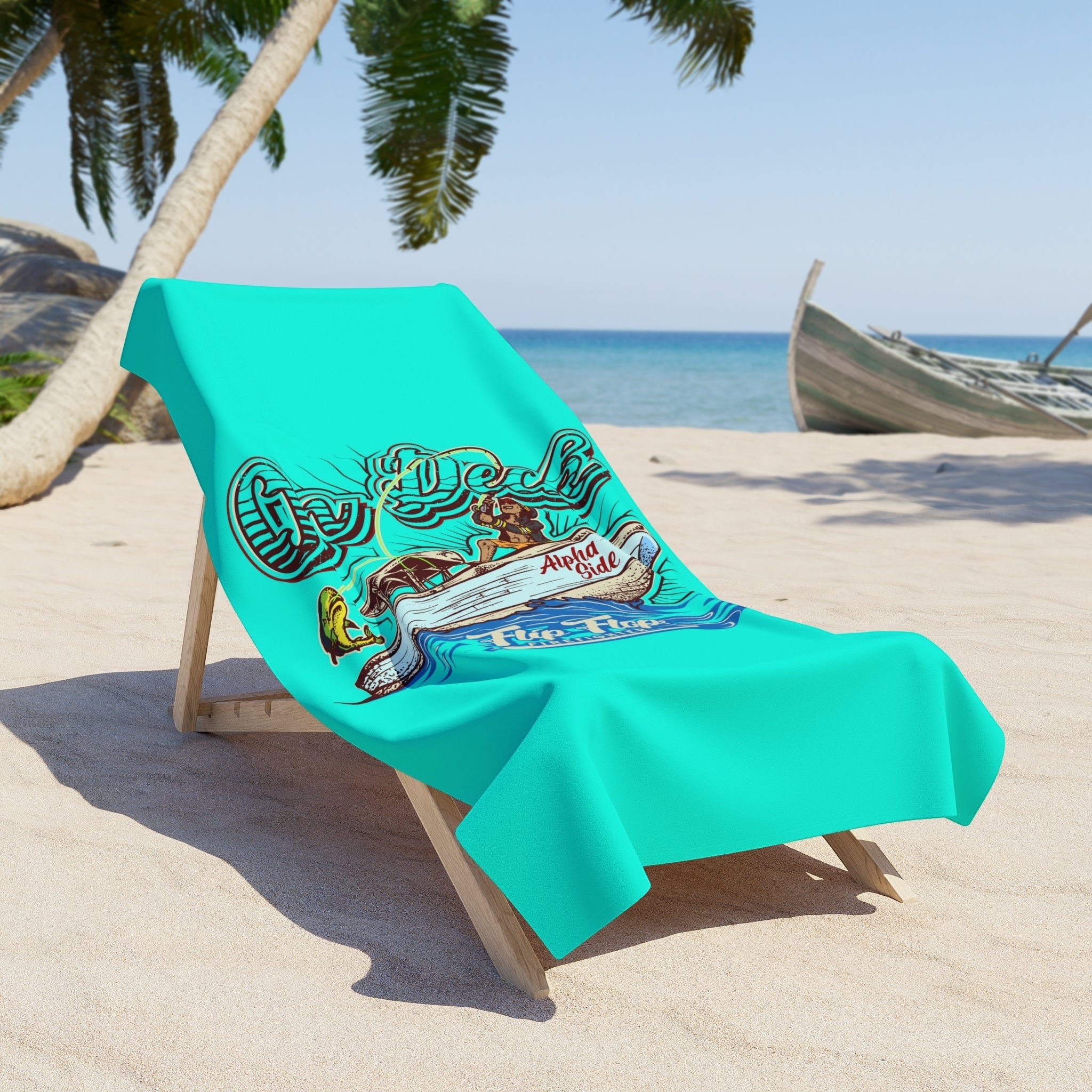 Flip Flop Firefighter turquoise beach towel with boat artwork draped over a wooden chair on a sunny sandy beach.