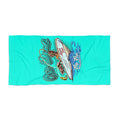 Flip Flop Firefighter On Deck turquoise beach towel with boat and fishing graphic print