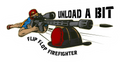 Flip Flop Firefighter 4-inch sticker featuring a person in a red cap aiming a rifle with the text Unload A Bit