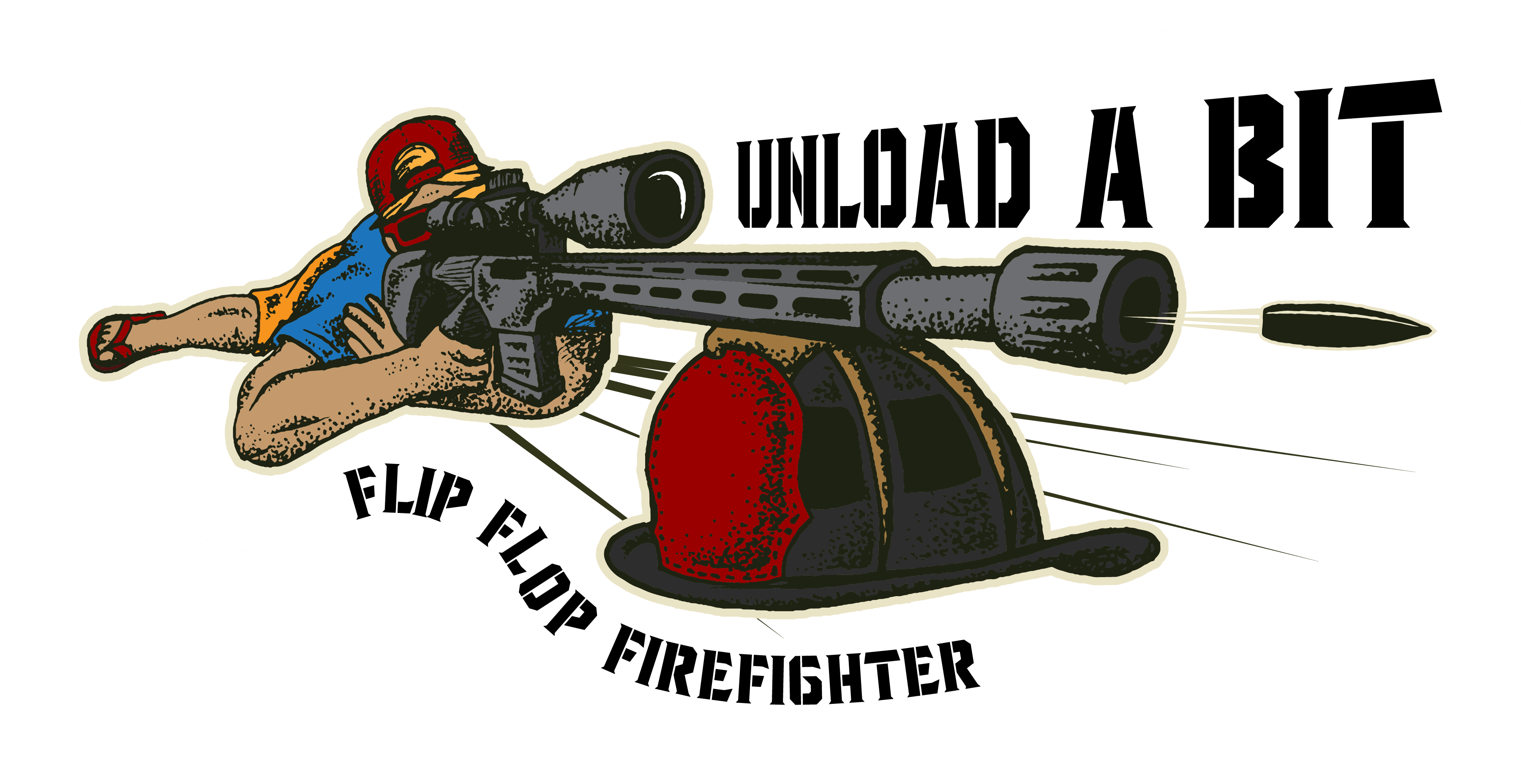 Flip Flop Firefighter 4-inch sticker featuring a person in a red cap aiming a rifle with the text Unload A Bit