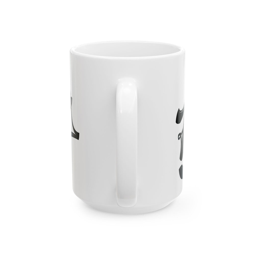 Flip Flop Firefighter white ceramic coffee mug with C-handle, side view showing black graphic detail