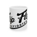 Flip Flop Firefighter glossy white ceramic coffee mug with black logo text and comfortable C-handle