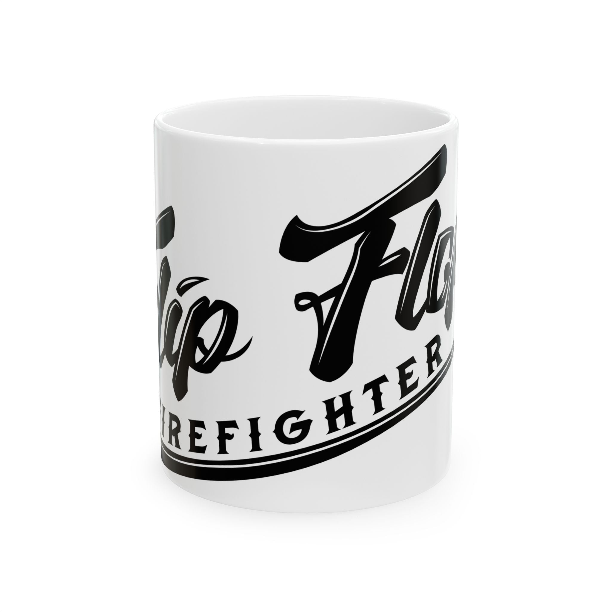 Flip Flop Firefighter glossy white ceramic coffee mug with black logo text and comfortable C-handle