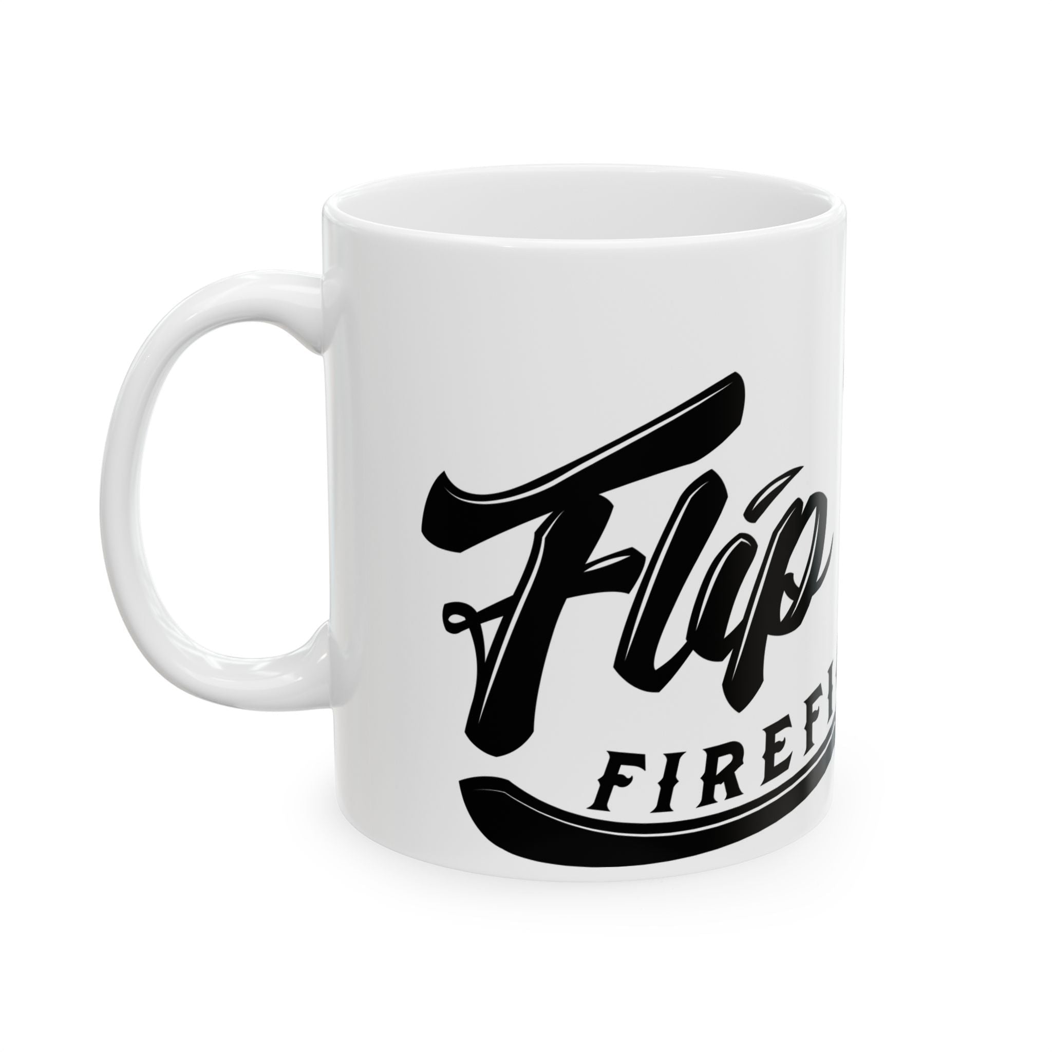 Flip Flop Firefighter white ceramic coffee mug with black logo print and comfortable C-handle