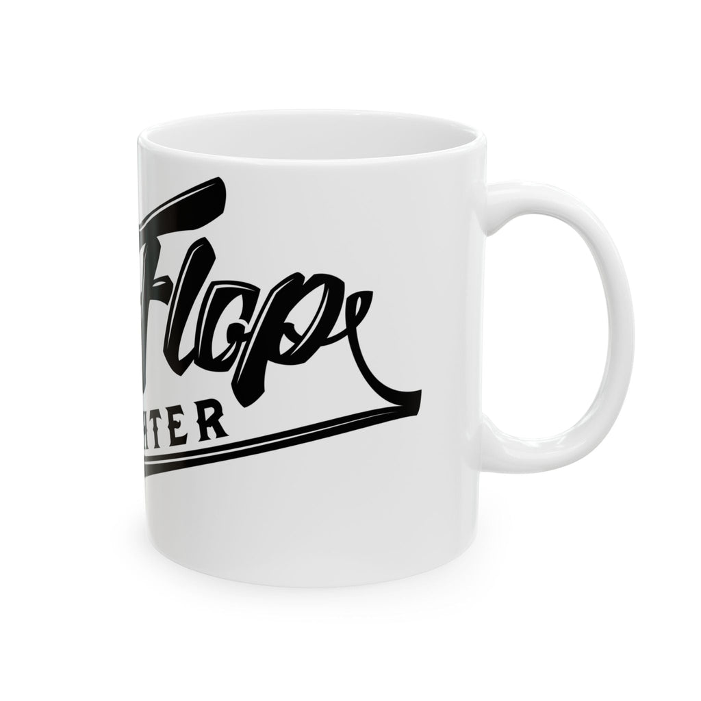 Flip Flop Firefighter white ceramic coffee mug with black logo and comfortable C-handle