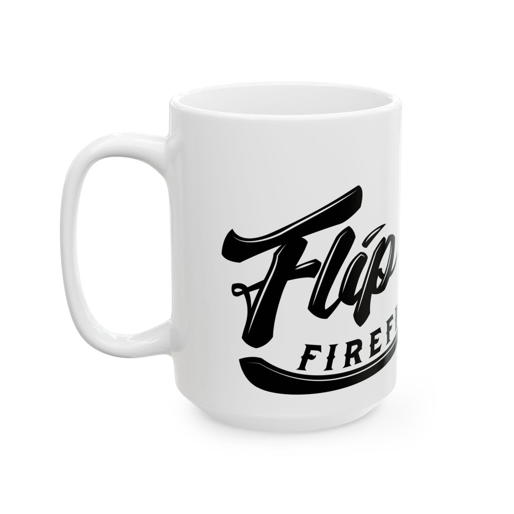 Flip Flop Firefighter glossy white ceramic coffee mug with black logo and comfortable C-handle