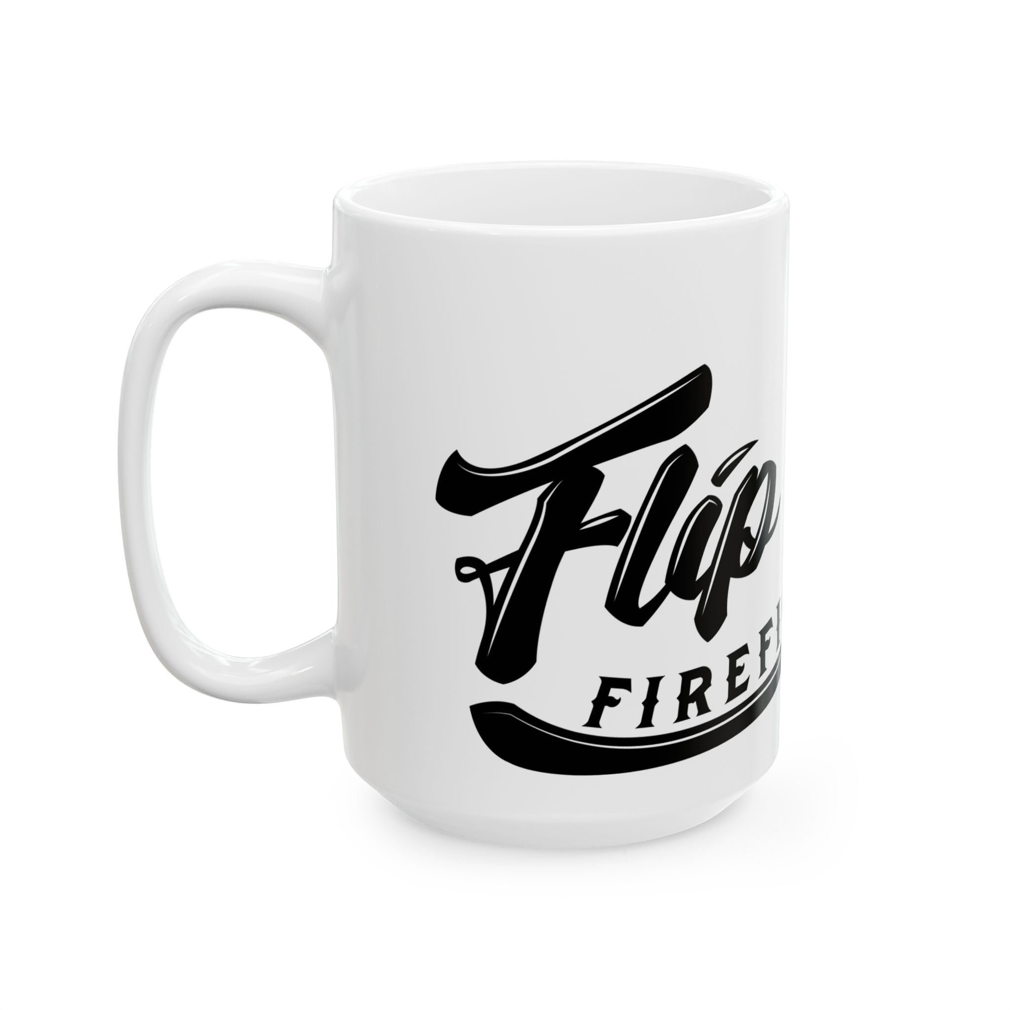 Flip Flop Firefighter glossy white ceramic coffee mug with black logo and comfortable C-handle