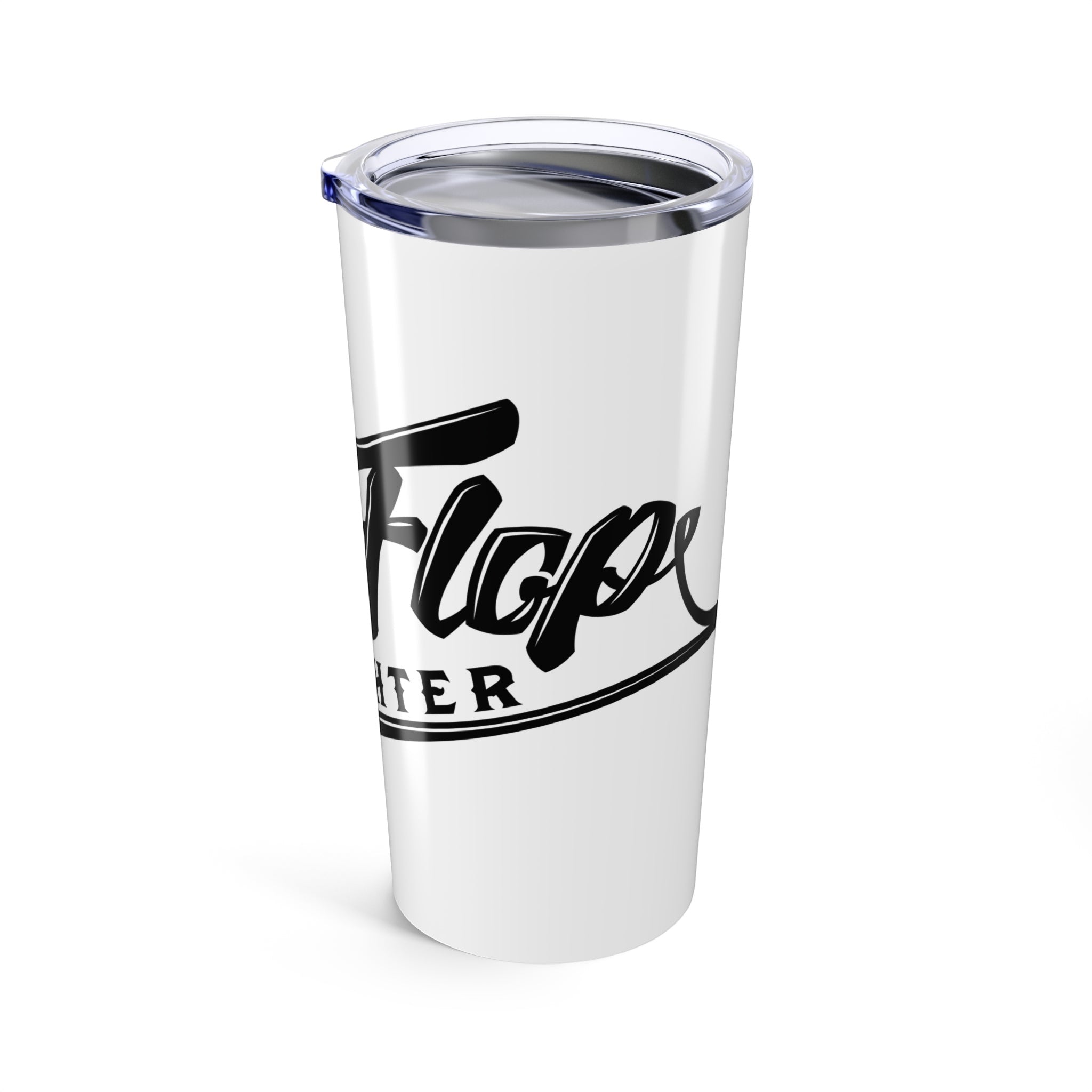 Flip Flop Firefighter 20oz white stainless steel tumbler with black logo and clear lid