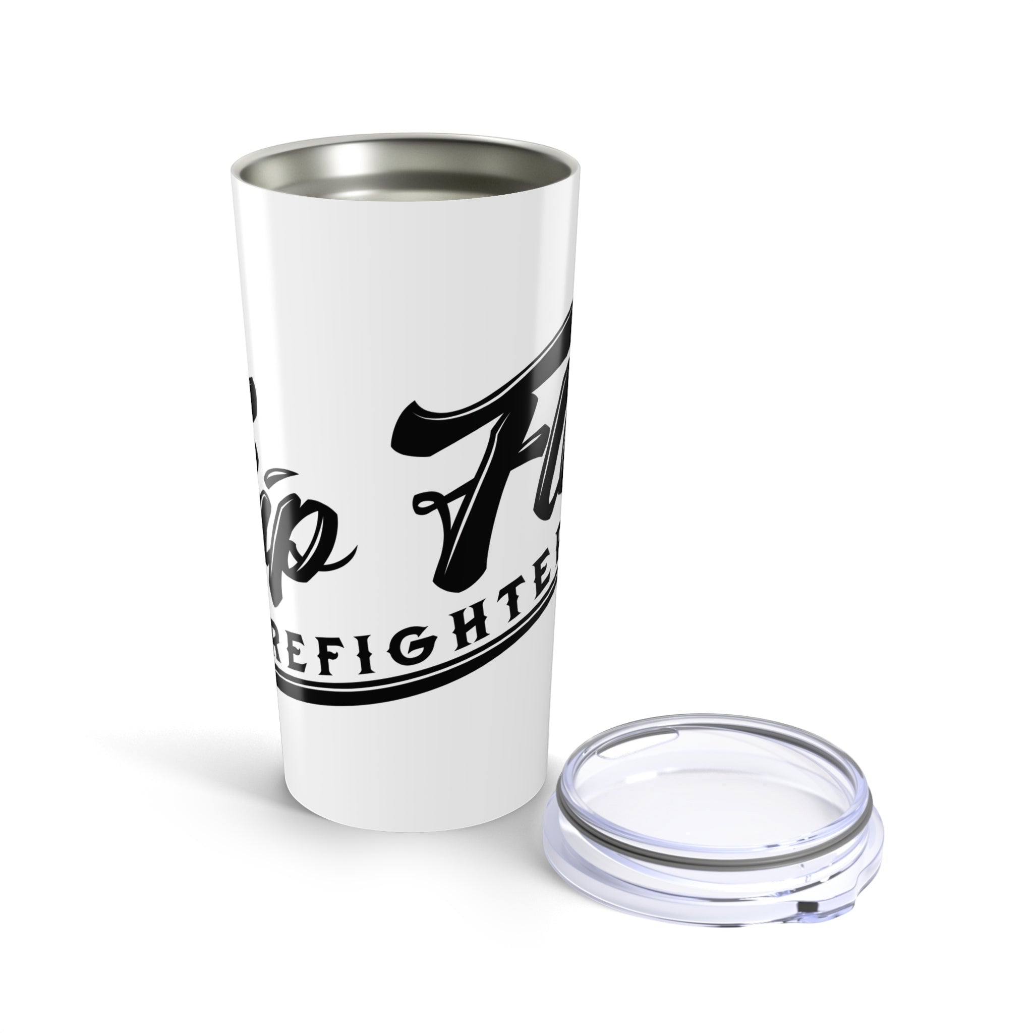 Flip Flop Firefighter 20oz white stainless steel tumbler with black logo and clear push-on lid