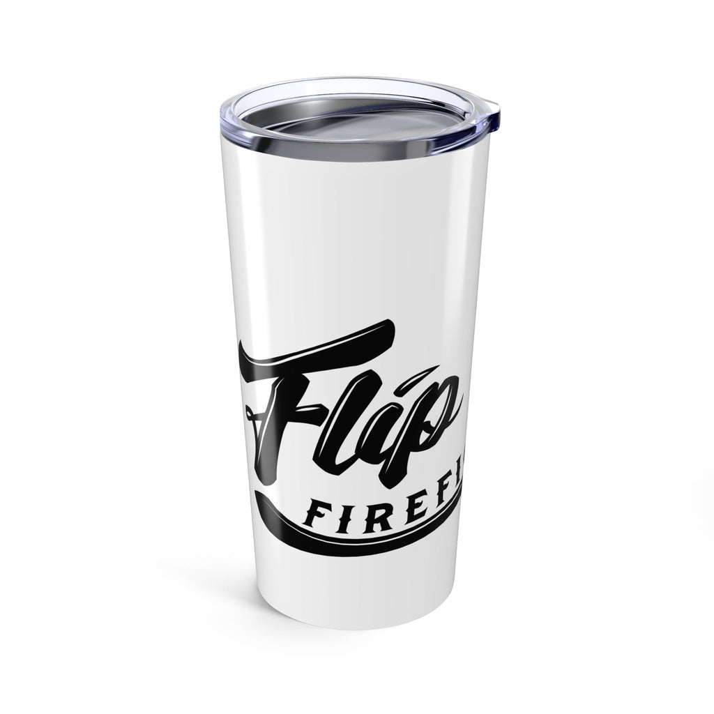 Flip Flop Firefighter 20oz white stainless steel tumbler with black logo and clear spill-resistant lid