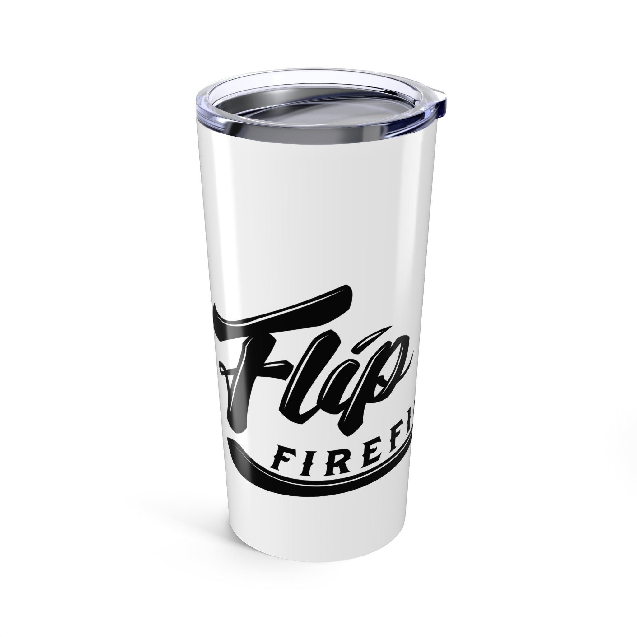 Flip Flop Firefighter 20oz white stainless steel tumbler with black logo and clear spill-resistant lid