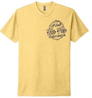 Flip Flop Firefighter yellow crew neck t-shirt with a black circular logo on the left chest